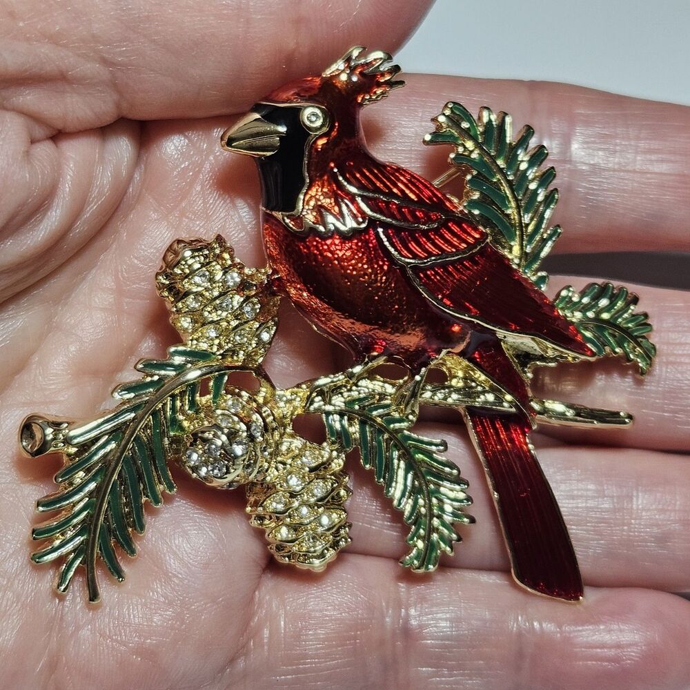Napier Gold Tone Red Enamel Clear Rhinestone Cardinal Brooch